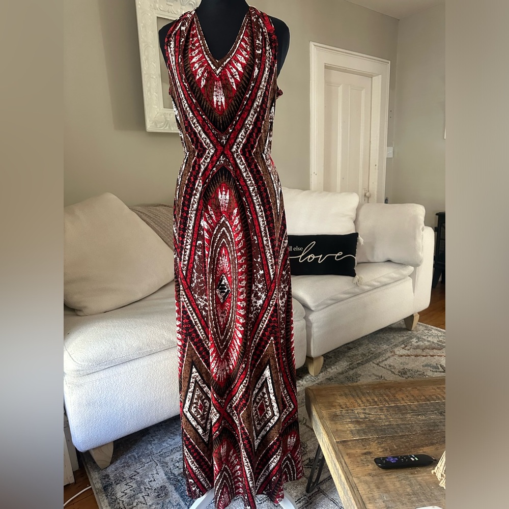 LONDON TIMES Red Black Brown Geometric Tribal Halter Maxi Dress Size 4